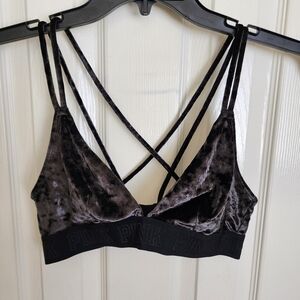 PINK by VS Velvet Strappy Bralette Black Crushed Velour Large Unlined No Wire